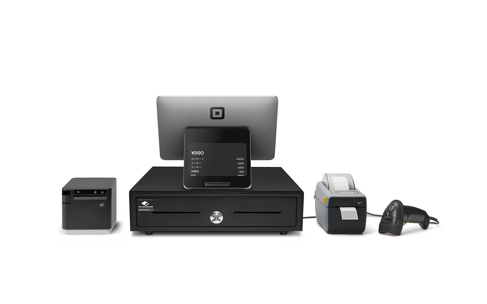 Square Register retail kit with cash drawer, printer, label printer and scanner